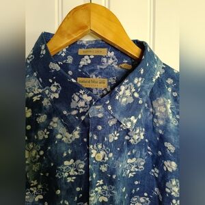 XXL 2XL Natural Blue Linen Floral Button Down Travel Casual Beach Vacation Money